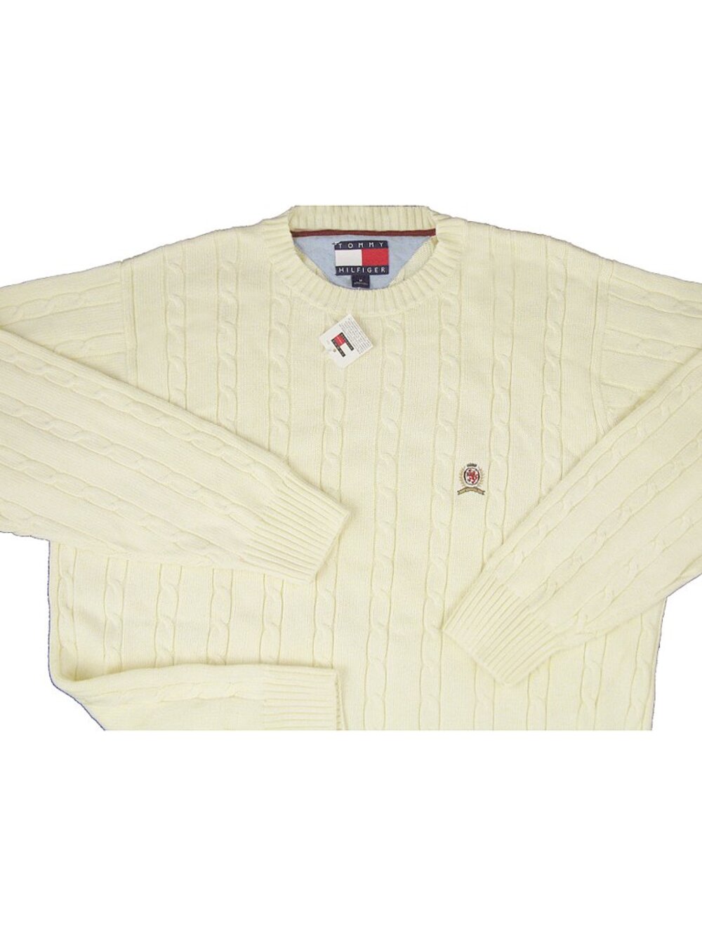 NEW Vintage Tommy Hilfiger Cable Knit Sweater! Creme Tommy Crest on Chest